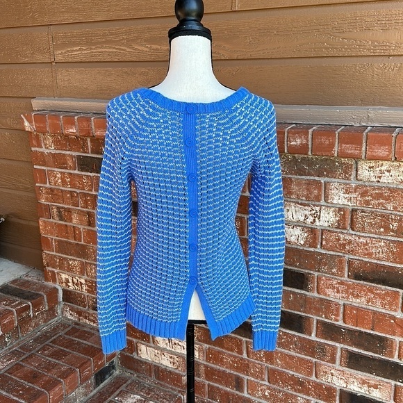 Olive & Oak Blue and White Crewneck Acrylic Cotton Sweater with Button Detail S - Picture 5 of 8